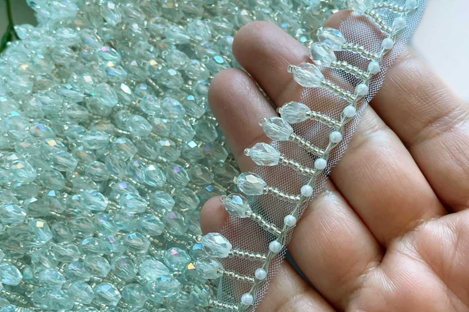 Light Green Crystal Beaded Tassel Fringe Lace Trim - Designers Need