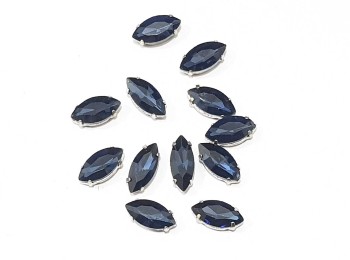 Navy Blue Color Eye Shape Sew-on Crystal Glass Stones With Clip Frame - 15 x 7 mm