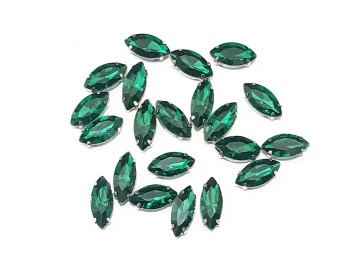 Emerald Green Color Eye Shape Sew-on Crystal Glass Stones With Clip Frame - 15 x 7 mm