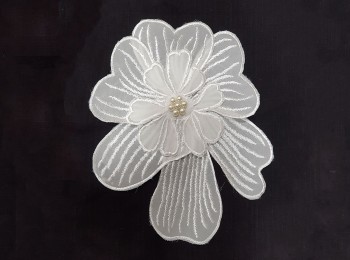 White Color Cotton Flower with Beads Work Flower Patch Applique