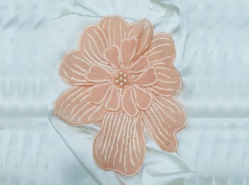 Peach Color Cotton Flower with Beads Work Flower Patch Applique