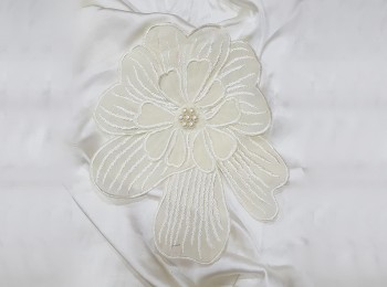 Off-White Color Cotton Flower with Beads Work Flower Patch Applique