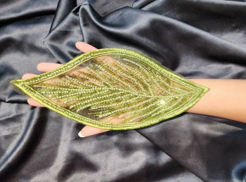 Mehandi Green Color Beads and Sequins work Leaf Patch for Suits Dresses Etc.