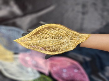 Dark Golden Color Beads and Sequins work Leaf Patch for Suits Dresses Etc.