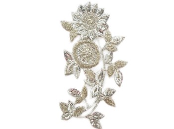 Silver Cutdana and Sequins Work Designer Floral Flower Embroidery Patch