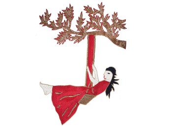 Red color Swing Tree Shape Machine Embroidery Patch for Suits, Dresses, Gowns etc.,