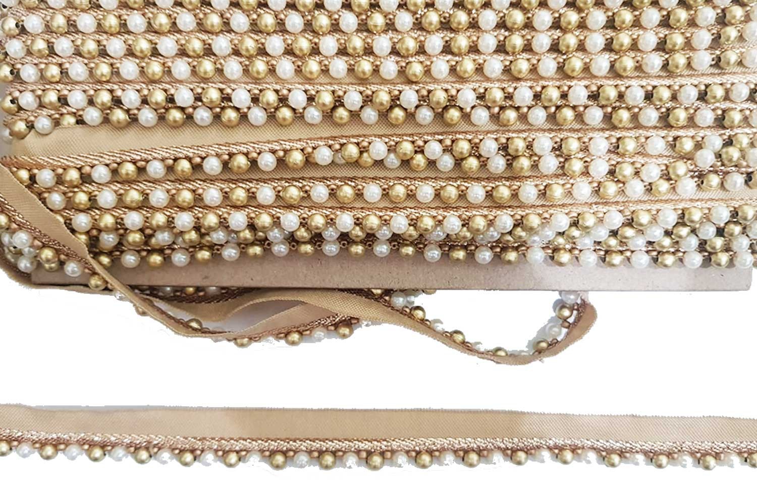 Golden and Off-White Beads With Rose Gold Piping Beaded Pearl Lace